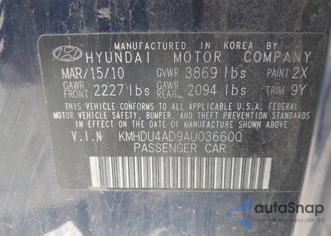 2010 Hyundai Elantra Gls from USA, damaged, VIN KMHDU4AD9AU036600